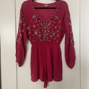 Embroidered Red Romper from Urban Outfitters, Boho Chic